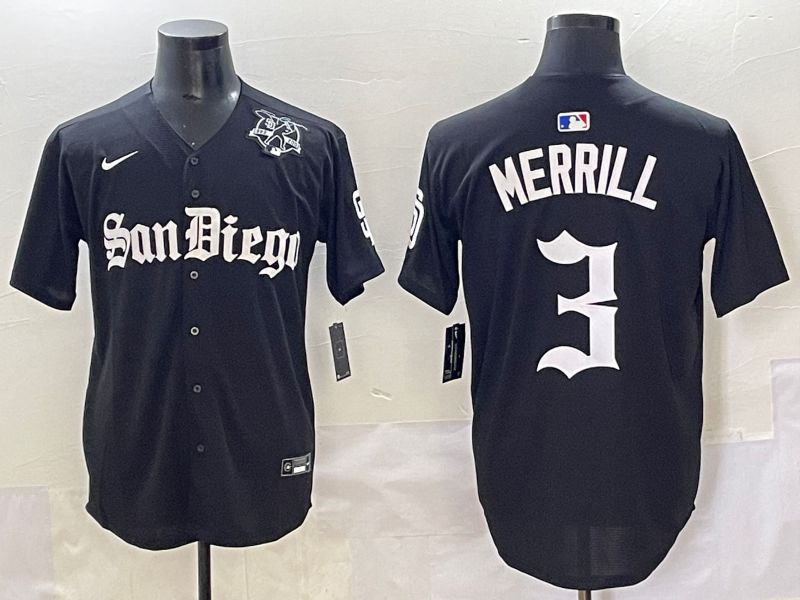 Men 2025 San Diego Padres #3 Merrill Black Five generations Joint Name Nike MLB Jersey style 12